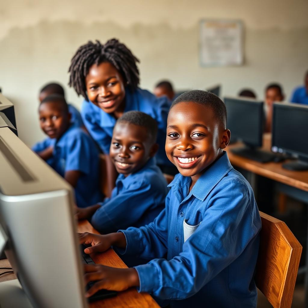 Haitian students working at desktop computers in a school lab