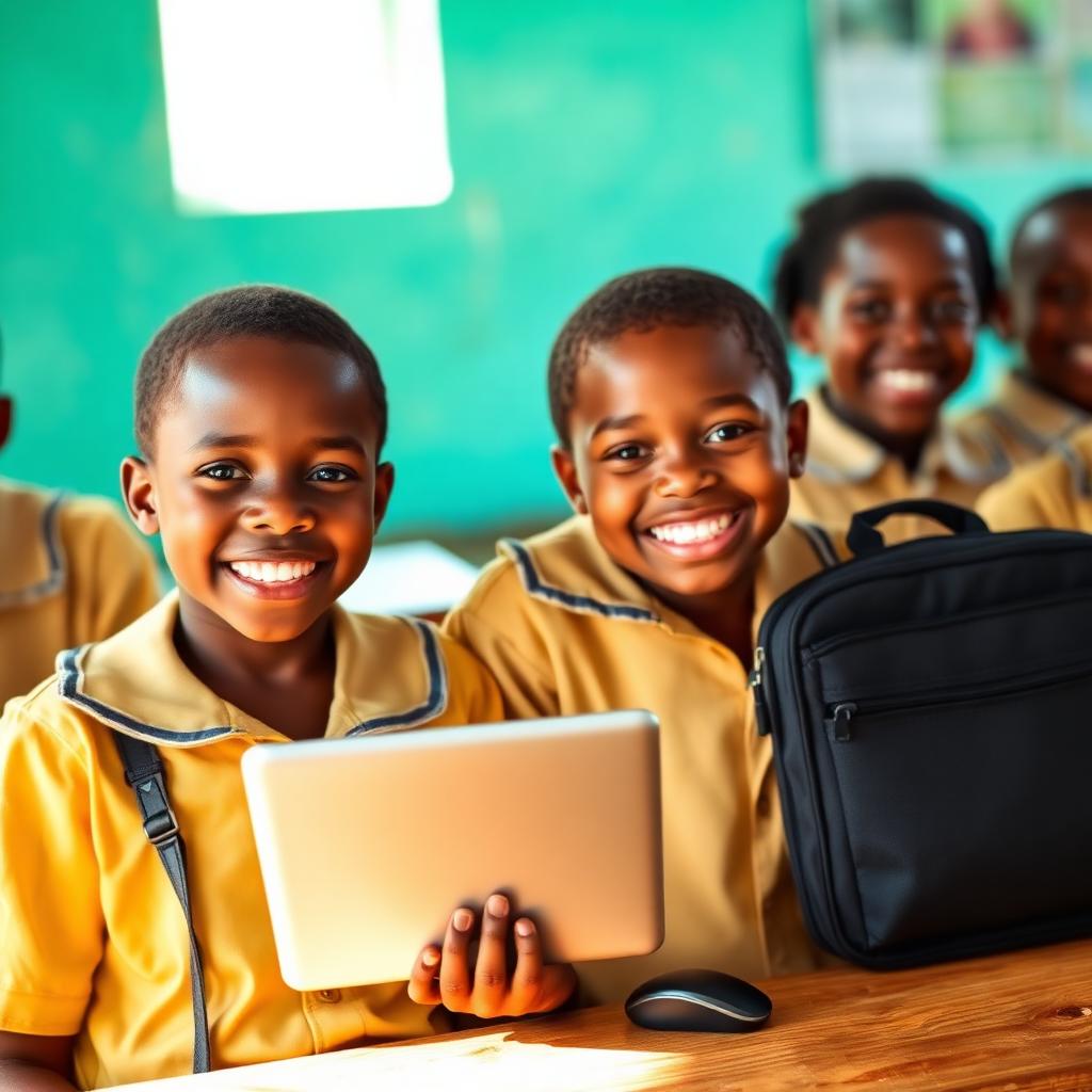 Happy Haitian students holding their Dofitek Tech Kit